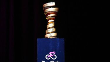 The trophy 'Senza Fine' (Infinity) is shown on stage before the presentation of the official route of the Giro d’Italia and Giro d’Italia Women 2025 (Tour of Italy) cycling races, in Rome on January 13, 2025. 
Andreas SOLARO / AFP