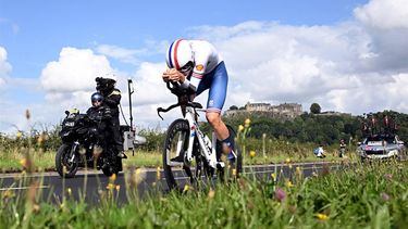 2023-08-11 16:41:28 Great Britain's Joshua Tarling takes part in the men's Individual Time Trial in Stirling during the UCI Cycling World Championships in Scotland on August 11, 2023. 
Oli SCARFF / AFP