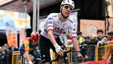 UAE Team Emirates' Slovenian rider Tadej Pogacar reacts after the 115th Milan-SanRemo one-day classic cycling race, between Pavia and SanRemo, on March 16, 2024. 
Marco BERTORELLO / AFP