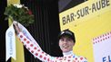 2022-07-27 16:52:23 Parkhotel Valekenburg's Dutch rider Femke Gerritse celebrates her best climber's polka dot jersey on the podium at the end of the 4th stage of the new edition of the Women's Tour de France cycling race, 126,8 km between Troyes and Bar-sur-Aube, eastern France, on July 27, 2022. 
Jeff PACHOUD / AFP