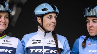 2023-04-23 09:10:56 Trek-Segafredo Dutch rider Lucinda Brand (C) looks on prior to the start of the women elite race of the Liege-Bastogne-Liege one day cycling event, 142,1km round-trip from Liege via Bastogne, on April 23, 2023. 
Tom Goyvaerts / Belga / AFP