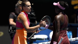 epa12678752 Aryna Sabalenka (L) of Belarus is congratulated by Victoria Mboko (R) of Canada after winning their women’s fourth round match on day 8 of the 2026 Australian Open tennis tournament at Melbourne Park in Melbourne, Australia, 25 January 2026.  EPA/ROB PREZIOSO AUSTRALIA AND NEW ZEALAND OUT
