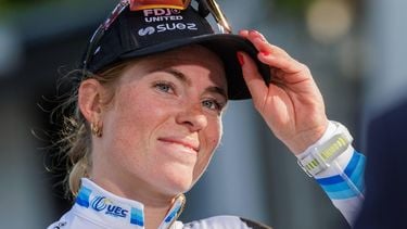 epa12915500 Dutch rider Demi Vollering of FDJ Suez smiles after winning the Liege Bastogne Liege Femmes one-day cycling race over 156km from Bastogne to Liege, Belgium, 26 April  EPA/OLIVIER MATTHYS