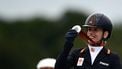 Silver medallist Netherlands' Rixt van der Horst, riding Royal Fonq, poses on the podium of the individual para equestrian grade III event at the Paris 2024 Paralympic Games at the Chateau de Versailles, in Versailles, in the western outskirts of Paris, on September 3, 2024. 
JULIEN DE ROSA / AFP