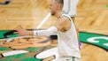 epa11394812 Boston Celtics center Kristaps Porzingis reacts after shooting a three point basket against the Dallas Mavericks during the first half of the NBA Finals game one between the Dallas Mavericks and the Boston Celtics in Boston, Massachusetts, USA, 06 June 2024.  EPA/CJ GUNTHER SHUTTERSTOCK OUT