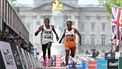 Third place, Kenya's Alexander Mutiso Munyao (L) beats Netherland's Abdi Nageeye (R) to the line in the men's race at the 2025 London Marathon in central London on April 27, 2025. 
JUSTIN TALLIS / AFP