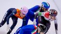 DRESDEN - Zoe Deltrap komt ten val tijdens de finale 1000 meter tijdens de eerste finaledag van de EK shorttrack. Schaatsers strijden in het Duitse Dresden om de titels in verschillende disciplines. ANP IRIS VAN DEN BROEK