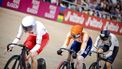 2023-08-05 19:24:34 GLASGOW - Hetty van de Wouw in actie op het onderdeel Keirin tijdens de wereldkampioenschappen baanwielrennen. De Schotse stad is van 3 tot en met 13 augustus het toneel van een wereldkampioenschap met meerdere fiets disciplines. ANP ROBIN VAN LONKHUIJSEN