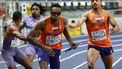 USA's Demarius Smith (L), USA's Elija Godwin, Netherlands' Liemarvin Bonevacia and Netherlands' Eugene Omalla compete in the men's 4x400 metres relay heat 1 during the World Athletics Indoor Championships Kujawy Pomorze 2026 in Torun, Poland on March 22, 2026. 
Wojtek RADWANSKI / AFP