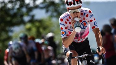 2023-07-09 15:33:25 EF Education - Easypost's US rider Neilson Powless wearing the best climber's polka dot (dotted) jersey cycles in a breakaway during the 9th stage of the 110th edition of the Tour de France cycling race, 182,5 km between Saint-Leonard-de-Noblat and Puy de Dome, in central France, on July 9, 2023. 
Anne-Christine POUJOULAT / AFP