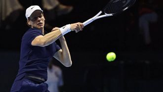 Italy's Jannik Sinner hits a return against Spain's Carlos Alcaraz during the final the Six Kings Slam exhibition tennis tournament in Riyadh on October 18, 2025. 
Fayez NURELDINE / AFP
