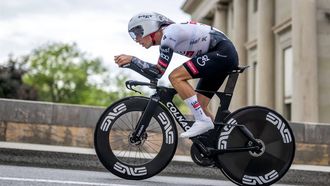 Portugal's Joao Pedro Almeida rides during the fifth stage of the Tour of Romandie UCI cycling World tour, 17.1 km loop from the start to the finish in Geneva on May 4, 2025. 
Fabrice COFFRINI / AFP
