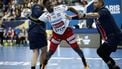 epa11651340 Fredericia's Reinier Taboada (C) in action during the EHF Champions League group A match between Paris Saint-Germain and Fredericia Handbold Klub in Paris, France, 09 October 2024.  EPA/YOAN VALAT