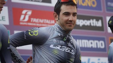 epa10529789 Italian Matteo Moschetti of the Q36.5 Pro Cycling Team prepares for the start of the 114th edition of the Milan-San Remo cycling race in Abbiategrasso, Italy, 18 March 2023. With a distance of 298 km, the 'Spring classic' is the longest professional one-day race in modern cycling.  EPA/ROBERTO BETTINI