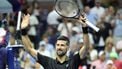Serbia's Novak Djokovic celebrates after winning his men's singles first round tennis match against USA's Learner Tien on day one of the US Open tennis tournament at the USTA Billie Jean King National Tennis Center in New York City, on August 24, 2025. 
CHARLY TRIBALLEAU / AFP