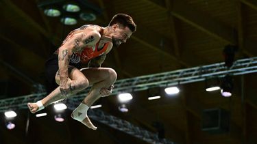 Netherlands' Casimir Schmidt competes in the Vault during the Men's Individual Apparatus Finals event at the Artistic Gymnastics European Championships, in Rimini, on the Adriatic coast, northeastern Italy, on April 27, 2024. 
GABRIEL BOUYS / AFP