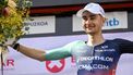 Team Decathlon CMA CGM's French rider Paul Seixas celebrates on the podium after winning the fifth stage of the Basque Country's Itzulia cycling tour, a 176.2 km race starting and finishing in Eibar, on April 10, 2026.  Seixas is the overall race leader.
ANDER GILLENEA / AFP