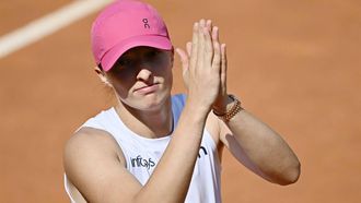 Poland's Iga Swiatek celebrates after winning her match against USA's Madison Keys during the Women's WTA Rome Open tennis tournament at Foro Italico in Rome on May 14, 2024.  
Filippo MONTEFORTE / AFP