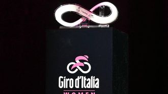 The trophy of the Giro d’Italia Women is shown on stage before the presentation of the official route of the Giro d’Italia and Giro d’Italia Women 2025 (Tour of Italy) cycling races, in Rome on January 13, 2025. 
Andreas SOLARO / AFP