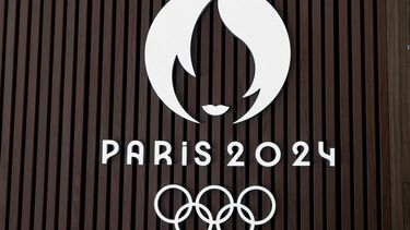 This photograph taken on August 14, 2023, shows a Paris 2024 Olympic Games logo at the headquarters of the Paris 2024 Organising committee (COJO) in Saint-Denis, northern Paris. 
BERTRAND GUAY / AFP