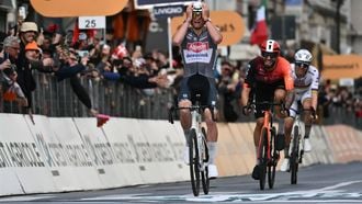 Dutch Mathieu Van Der Poel of team Alpecin-Deceuninck celebrates as he crosses the finish line to win the Milan - Sanremo one-day classic cycling race, on March 22, 2025. Dutch Mathieu Van Der Poel of team Alpecin-Deceuninck won the race ahead of Team Ineos' Italian rider Filippo Ganna and Team UAE's Slovenian rider Tadej Pogacar, third. 
Marco BERTORELLO / AFP