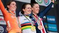 Gold medallist Australia's Grace Brown (C), silver medallist Netherlands' Demi Vollering (L) and bronze medallist (R) US' Chloe Dygert pose on the podium of the women's Elite Individual Time Trial cycling event, 29,9km from Gossau to Zurich, during the UCI 2024 Road World Championships, near Meilen, on September 22, 2024. 
Alex WHITEHEAD / POOL / AFP