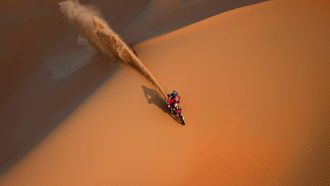 Honda's Chilean biker Jose Ignacio Cornejo competes during the Stage 13 of the Dakar 2023 between Saybah and al-Hofuf, Saudi Arabia, on January 14, 2023.  Cornejo won the motorbike section in the 12th stage the previous day, finishing 49sec ahead of Daniel Sanders (GasGas), with another Australian, two-time winner Toby Price (KTM), in third (1:58).
FRANCK FIFE / AFP