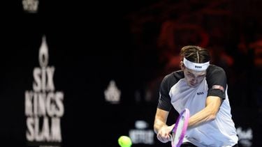 US' Taylor Fritz hits a return against Serbia's Novak Djokovic during the third-placed match at the Six Kings Slam exhibition tennis tournament in Riyadh on October 18, 2025. 
Fayez NURELDINE / AFP