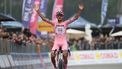 UAE Team Emirates XRG's Mexican rider Isaac Del Toro celebrates as he crosses the finish line to win the 17th stage of the 108th Giro d'Italia cycling race, 155kms from San Michele all'Adige to Bormio, on May 28, 2025. 
Luca Bettini / AFP