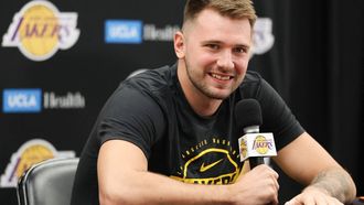 Slovenian professional basketball player Luka Doncic speaks to reporters during the Los Angeles Lakers media day at UCLA Health Training Center El Segundo, California on September 29, 2025. 
Patrick T. Fallon / AFP