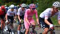 Pink Jersey, Team UAE's Slovenian rider Tadej Pogacar, rides in the pack near Sestri Levante during the 5th stage of the 107th Giro d'Italia cycling race, 178 km between Genova and Lucca, on May 8, 2024.  
Luca Bettini / AFP