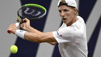 2023-08-01 04:56:55 Dutch Gijs Brouwer plays a backhand return against Canada's Gabriel Diallo during their Mexico ATP Open 250 men's singles round of 32 tennis match at Cabo Sports Complex in Los Cabos, Baja California, Mexico, on July 31, 2023. 
ALFREDO ESTRELLA / AFP