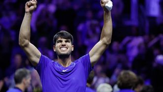 Spain's Carlos Alcaraz of Team Europe celebrates at the end of the 2024 Laver Cup tennis tournament in Berlin, Germany on September 22, 2024. Spain's Carlos Alcaraz won the last match of the tournament 6-2, 7-5 against USA's Taylor Fritz of Team World. Team Europe won 13-11 against Team World. 
Odd ANDERSEN / AFP