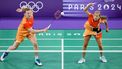 Netherlands' Robin Tabeling (L) hits a shot next to Selena Piek in their mixed doubles badminton group stage match during the Paris 2024 Olympic Games at Porte de la Chapelle Arena in Paris on July 27, 2024. 
David GRAY / AFP