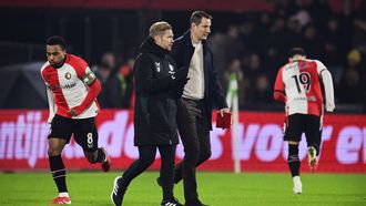 ROTTERDAM - Coach Brian Priske met assistent Jyri Nieminen tijdens de Nederlandse Eredivisie wedstrijd tussen Feyenoord en Sparta Rotterdam in Feyenoord Stadion de Kuip op 8 februari 2025 in Rotterdam, Nederland. ANP OLAF KRAAK