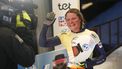 epa11120986 Kimberley Bos of Netherlands celebrates after finishing the women's Skeleton race at the IBSF Bob & Skeleton World Cup in Sigulda, Latvia, 02 February 2024.  EPA/TOMS KALNINS