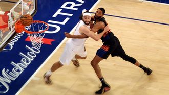 epa12982908 Max Strus (L) of the Cleveland Cavaliers and Mikal Bridges (R) of the New York Knicks in action during Game 2 of the NBA Eastern Conference Finals between the New York Knicks and the Cleveland Cavaliers at Madison Square Garden in New York, New York, USA, 21 May 2026.  EPA/Olga Fedorova