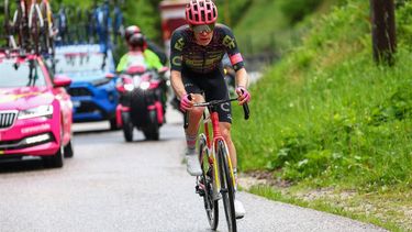 Team EF Education's German rider Georg Steinhauser leads a breakaway on the final climb in Passo del Brocon during the 17th stage of the 107th Giro d'Italia cycling race, 159km between Selva di Val Gardena and Passo del Brocon on May 22, 2024. 
Luca Bettini / AFP