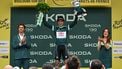 Alpecin - Deceuninck team's Belgian rider Jasper Philipsen celebrates on the podium with the best sprinter's green jersey after the 2nd stage of the 112th edition of the Tour de France cycling race, 209.1 km between Lauwin-Planque and Boulogne-sur-Mer, Northern France, on July 6, 2025. 
Loic VENANCE / AFP
