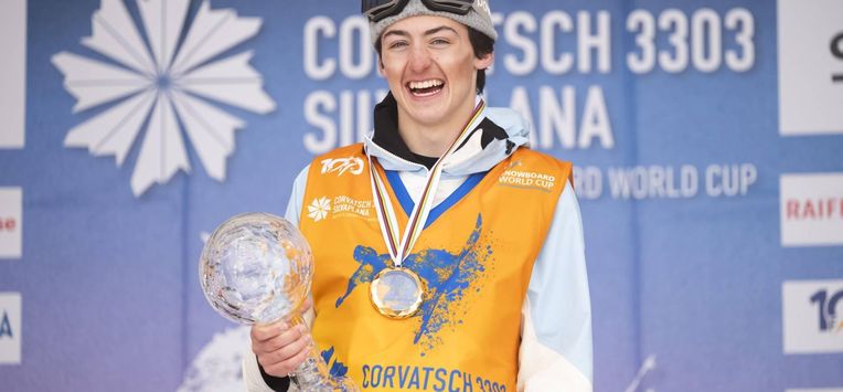epa11238842 Liam Brearley of Canada reacts on the podium after the Snowboard Slopestyle Worldcup finals on Corvatsch mountain, Silvaplana, Switzerland, 23 March 2024.  EPA/MAYK WENDT