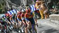Lidl - Trek team's Belgian rider Jasper Stuyven leads the pack of riders (peloton) during the 19th stage of the 112th edition of the Tour de France cycling race, 93.1 km  between Albertville and La Plagne, in the French Alps, on July 25, 2025. The 19th stage of the Tour de France was shorted from its initial 129.9 km route, bypassing the Col des Saisies where an outbreak of nodular dermatitis in a herd of cattle was discovered, prompting organizers to modify the race route.
Marco BERTORELLO / AFP