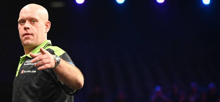 Netherlands' Michael van Gerwen reacts during the final darts match against Wales' Gerwyn Price (not seen) on Night 2 of the Premier League Darts event in Antwerp on February 12, 2026. 
ELIAS ROM / Belga / AFP