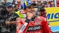 Ducati Lenovo Team's Spanish rider Marc Marquez celebrates his victory after the sprint race ahead of motorcycle Hungarian Moto GP Grand Prix at the Balaton Park circuit in Balatonfokajar, Hungary, on August 23, 2025.  
ATTILA KISBENEDEK / AFP