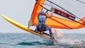 epa09366919 Lilian de Geus of the Netherlands competes in the Women's RS:X Windsurfing at the Tokyo 2020 Olympic Games in Enoshima, Japan, 26 July 2021.  EPA/CJ GUNTHER
