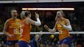 epa13054556 Netherlands' Elles Dambrink (R), Britt Bongaerts (C) and Indy Baijens (L) celebrate a point against Thailand during the Volleyball Nations League 2026 - Women's Pool 6 Week 2 match between Thailand and Netherlands in Bangkok, Thailand, 21 June 2026.  EPA/RUNGROJ YONGRIT