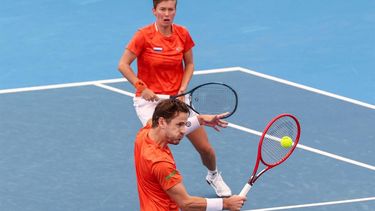 Netherlands' Wesley Koolhof and Demi Schuurs play a point against Norway's Casper Ruud and Ulrikke Eikeri in their mixed-doubles match at the United Cup tennis tournament on Ken Rosewall Arena in Sydney on December 30, 2023. 
DAVID GRAY / AFP