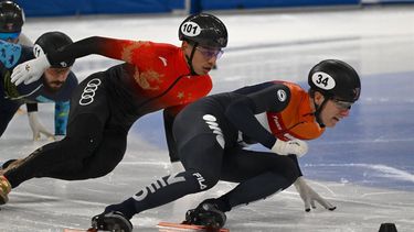 Netherlands’s Teun Boer (R) and China’s Liu Shaolin compete in the men's 500m final B event at the ISU World Cup Short Track Speed Skating in Beijing on December 9, 2023. 
Jade Gao / AFP