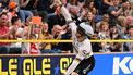 Netherlands' Harrie Lavreysen celebrates and gestures after winning heat 1 of the Men's Sprint semi-final race during the fourth day of the UEC European Track Cycling Championships at the Omnisport indoor arena in Apeldoorn, on January 13, 2024. 
JOHN THYS / AFP