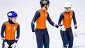 MILAAN - Xandra Velzeboer, Selma Poutsma en Melle van 't Wout in actie op de kwartfinale van de mixed relay in de Milano Ice Skating Area, tijdens de Olympische Winterspelen. SEM VAN DER WAL / ANP