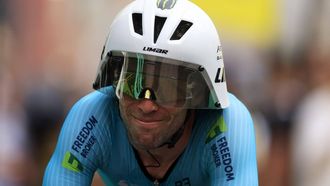 epa11490239 British rider Mark Cavendish of Astana Qazaqstan Team crosses the finish line of the 21th stage of the 2024 Tour de France cycling race over 33km Individual time-trial (ITT) from Monaco to Nice, 21 July 2024.  EPA/GUILLAUME HORCAJUELO